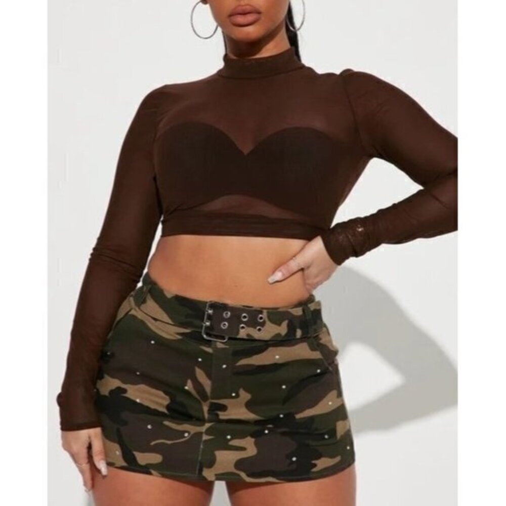 Bozzolo  Mesh Long Sleeve Mock Neck Brown‎ Sheer Detail Crop Top Size M RefFNB